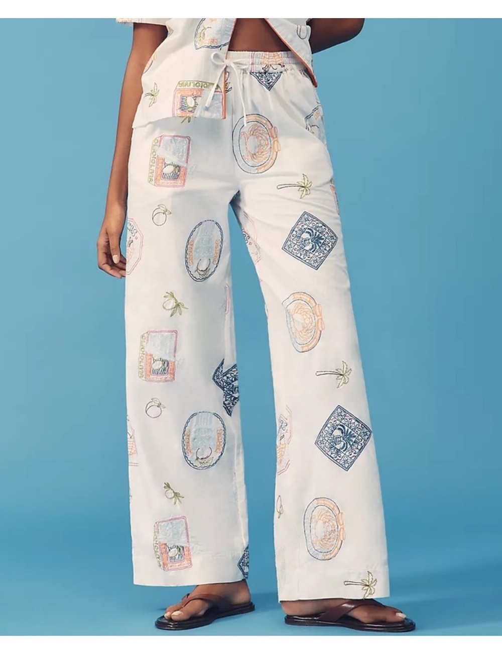 Anthropologie Cream Linen-Blend Wide-Leg Pants with Blue and Orange Motifs
